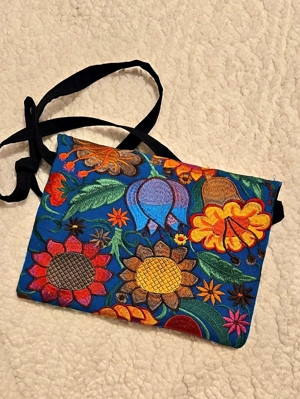 Embroidered Floral Crossbody Bag in Blue & Black